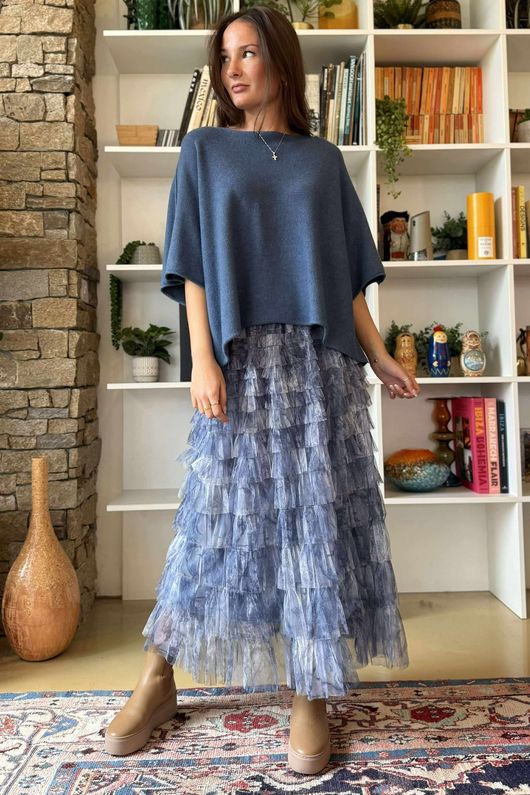 Ramone Marble Mesh Midaxi Skirt Denim /50=